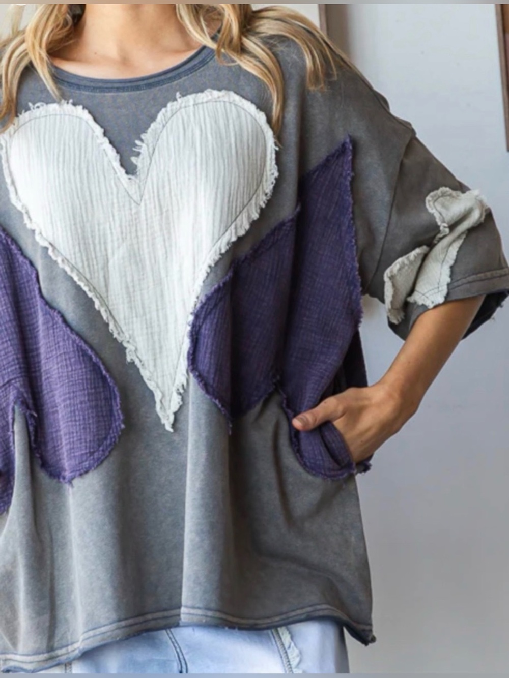 Oli & Hali Gray Tee with Cream and Deep Purple Heart Patches - Picture 6 of 14